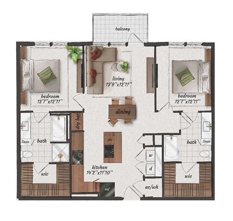 Floor plan for 2 beds, 2 baths, 1140 sqft